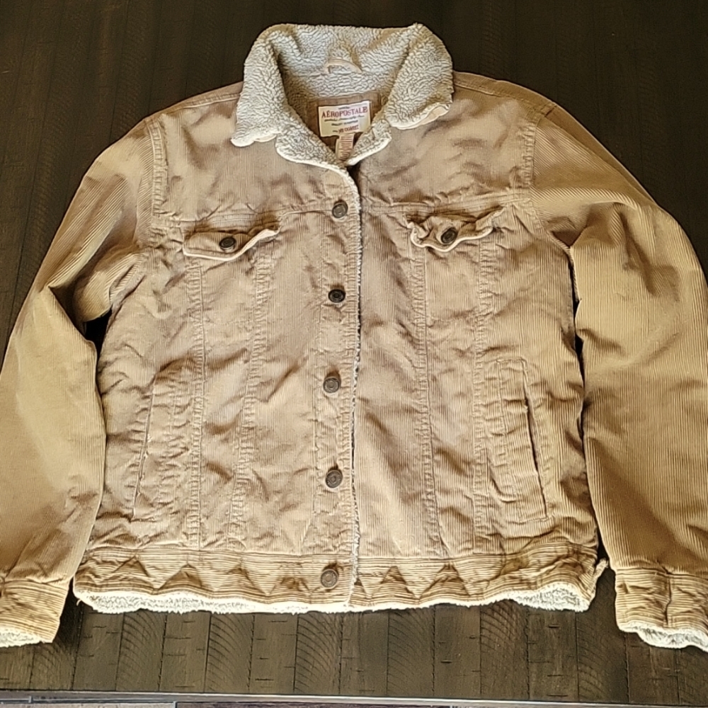 Aeropostale Women's Sherpa Corduroy Quality Outerwear Winter Coat Large Tan